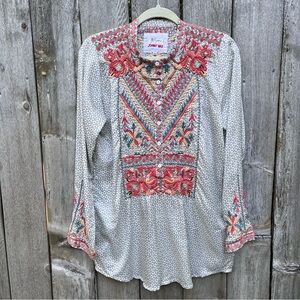 Johnny Was Multicolor Silky Gray Embroidered Blouse